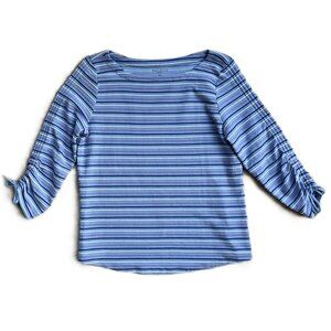 Talbots Petite Medium 3/4 Sleeve Woven Shirt boatneck MP Blue Navy Rose White